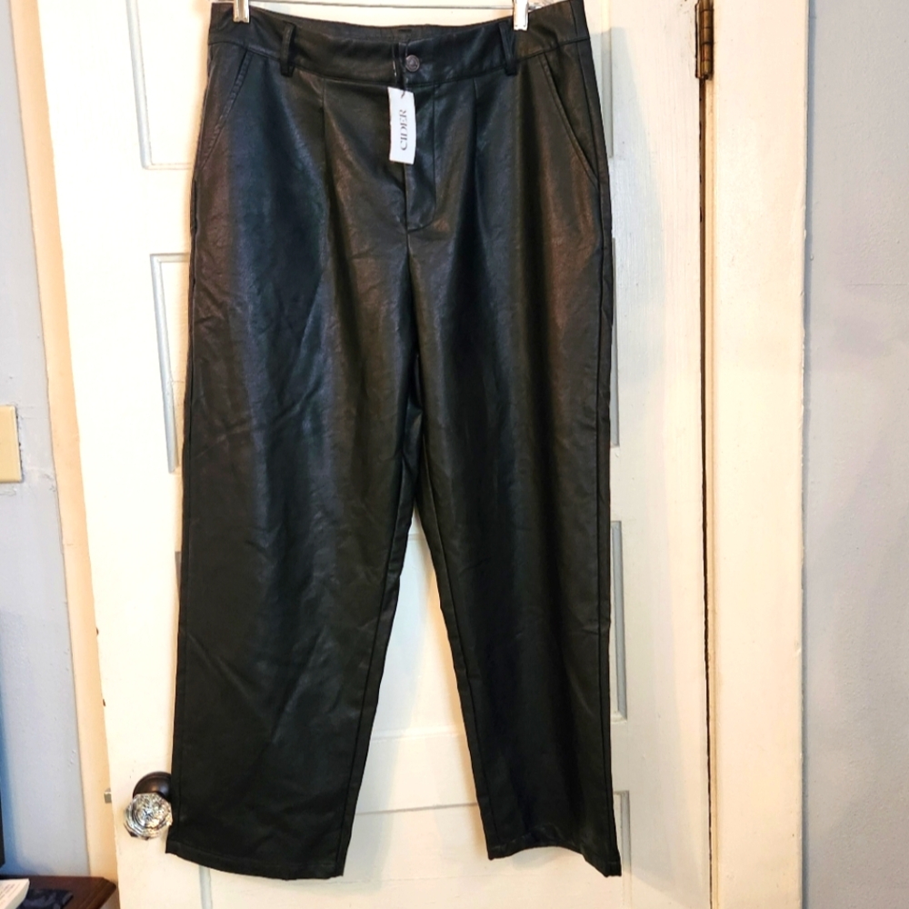 Cider Pants, Black Faux Leather, Wide Leg, High Rise, Sz 1XL, Vegan NWT Moto
